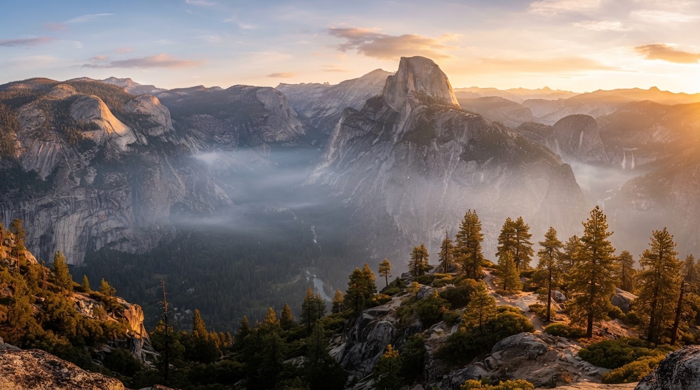 Yosemite Valley and Half Dome at sunrise, with mist drifting through the pines